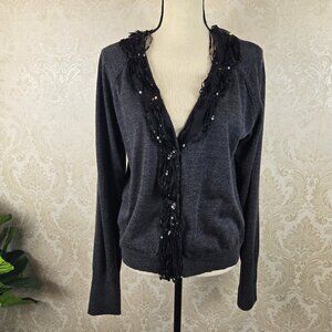 J Crew Size XL Gray Black Merino Wool Cardigan Silk Sequins Embellishment NWT